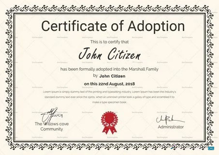 Download The Willows cove Community certificate of adoption Photoshop template